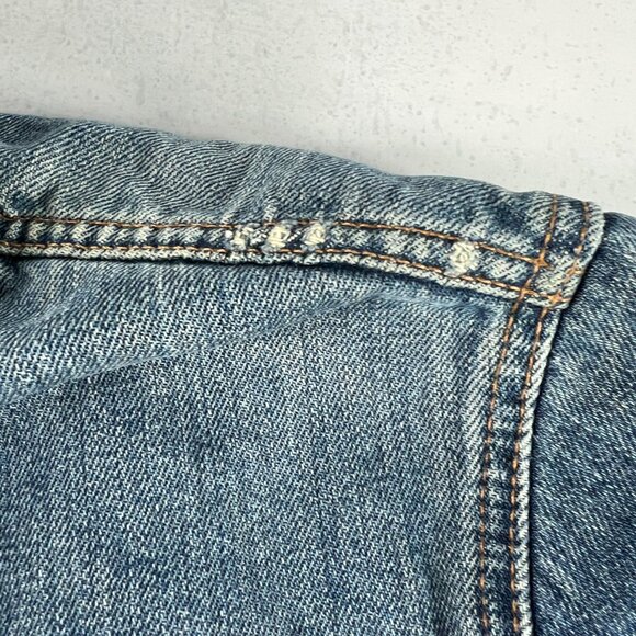 Y2K Levi's Jean Jacket Medium Blue Faded Trucker DIY Blue Tribal Sleeve Denim - Picture 8 of 16